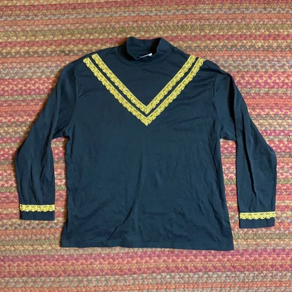 VINTAGE GOLD LACE TRIM BLACK MOCK NECK LONG SLEEVE SHIRT
